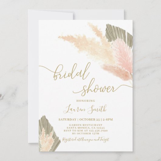 Pampas Grass blush Bridal Douche Invitation (Devant)
