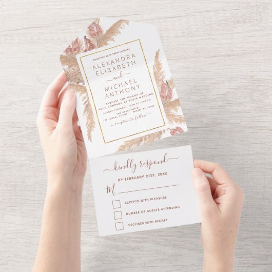 Pampas grass Bohemian Boho tropical Weddenschap All In One Uitnodiging (Afscheurbaar)