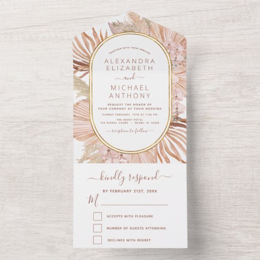 Pampas Grass Bohemian Boho Tropical Wedding All In One Uitnodiging (Binnen)