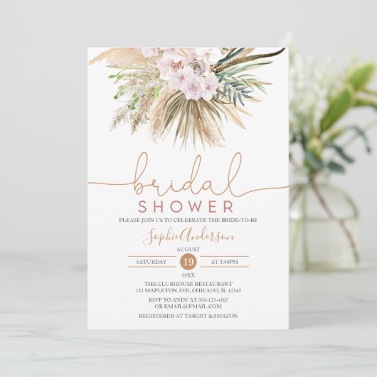 Pampas Grass Boho Chic Bridal Douche Invitation (Debout devant)