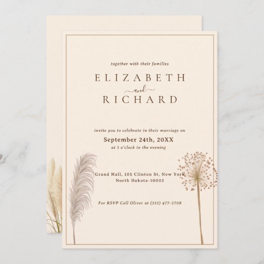 Pampas Grass Boho Elegant Bruiloft Kaart (Voorkant / Achterkant)