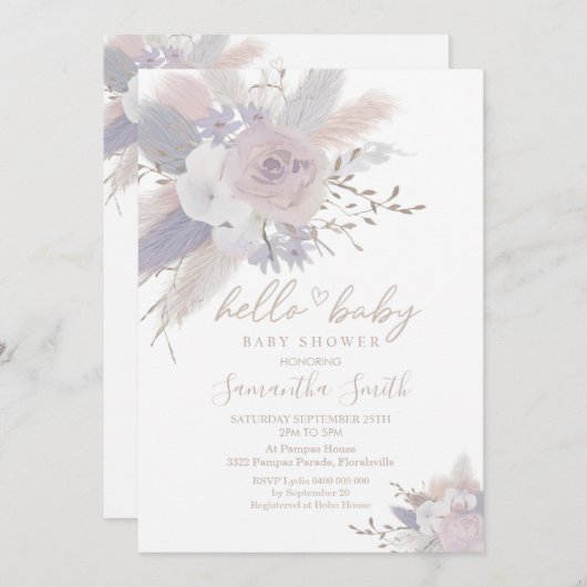 Pampas Grass Boho Floral Baby shower Invitation (Devant / Derrière)