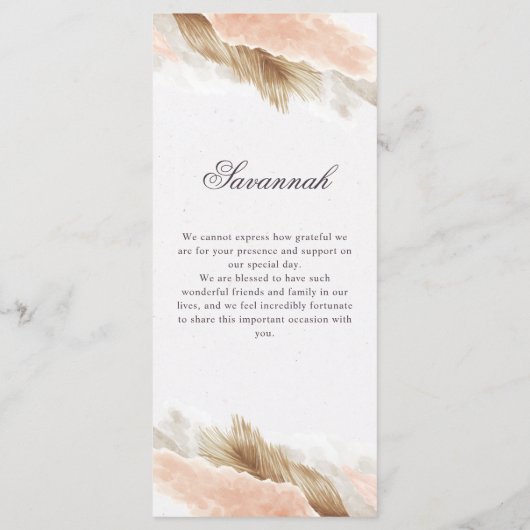 Pampas grass boho menu mariage & message de remerc (Dos)