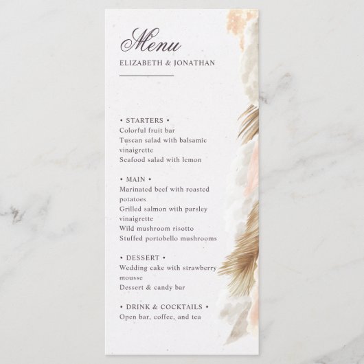 Pampas grass boho menu mariage & message de remerc (Devant)
