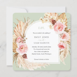 Pampas Grass Boho Sage Green Floral Square Weddens Kaart