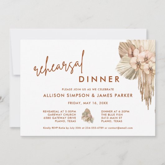 Pampas Grass Boho Wedding Rehearsal Dinner Kaart (Voorkant)