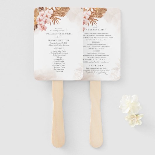 Pampas Grass Botanical Pink Floral Wedding Program Handwaaier (Voorkant en achterkant)