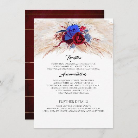 Pampas Grass Bourgogne en Navy Bruiloft Informatie Informatiekaartje (Voorkant / Achterkant)