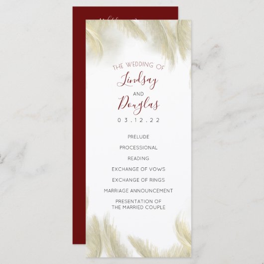 Pampas Grass Bourgogne Red Wedding Programma's (Voorkant / Achterkant)