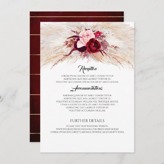 Pampas Grass Bourgogne Rode Bruiloft Informatie Informatiekaartje (Voorkant / Achterkant)