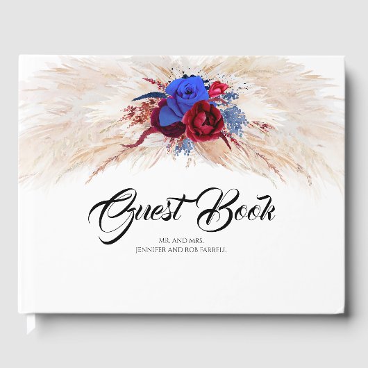 Pampas Grass Bourgogne Rood en Navy Blauw Bruiloft Gastenboek (Voorkant)