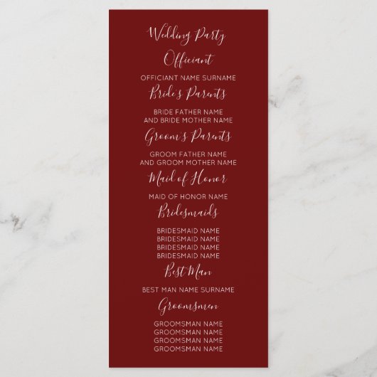 Pampas Grass Bourgogne Rouge Mariage Programmes (Dos)