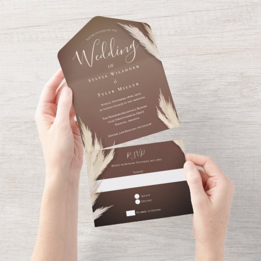 Pampas Grass Brown Wedding All In One Uitnodiging (Afscheurbaar)