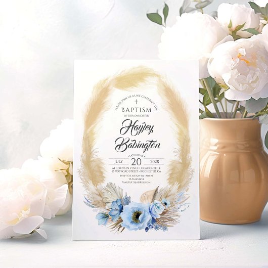 Pampas Grass Dusty Blue Flowers Baptisme Kaart