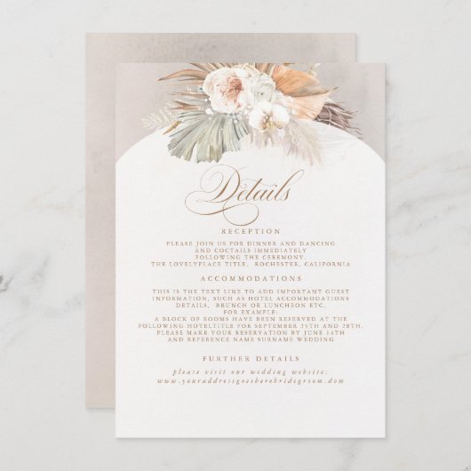 Pampas Grass Elegant Soft Pastel Weddenschap Detai Informatiekaartje (Voorkant / Achterkant)