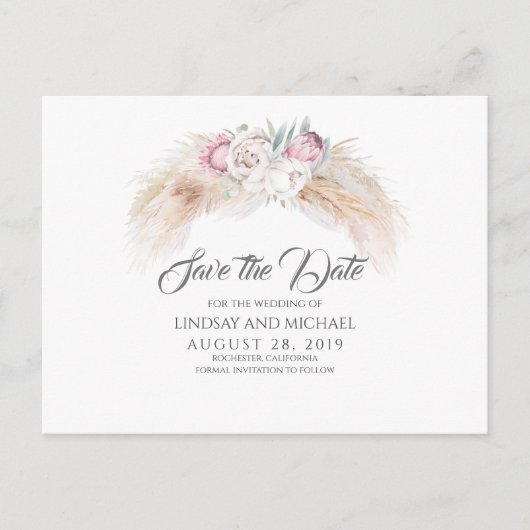 Pampas Grass en Koning Protea Bloemen Save the Dat Briefkaart (Voorkant)