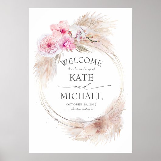 Pampas Grass en Pink Orchids Weddenschap Welkom Poster (Voorkant)