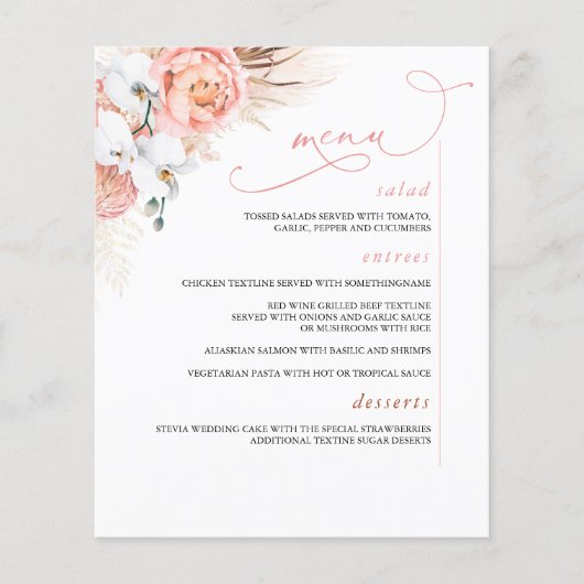 Pampas Grass Floral Botanical Pink Menu (Voorkant)