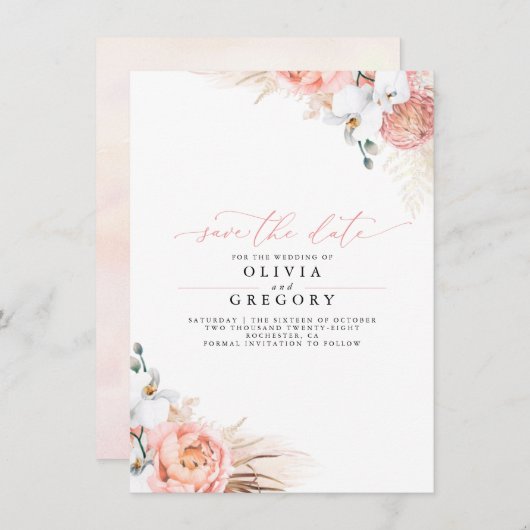 Pampas Grass Floral Pink Save the Date Aankondiging (Voorkant / Achterkant)