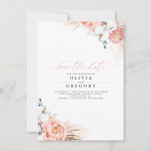 Pampas Grass Floral Pink Save the Date Aankondiging (Voorkant)