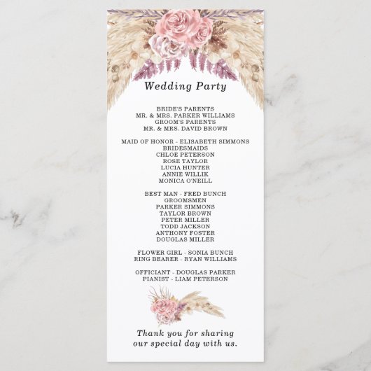 Pampas Grass Gedroogd Bloemen Roos Paarse Bruiloft Programma (Achterkant)