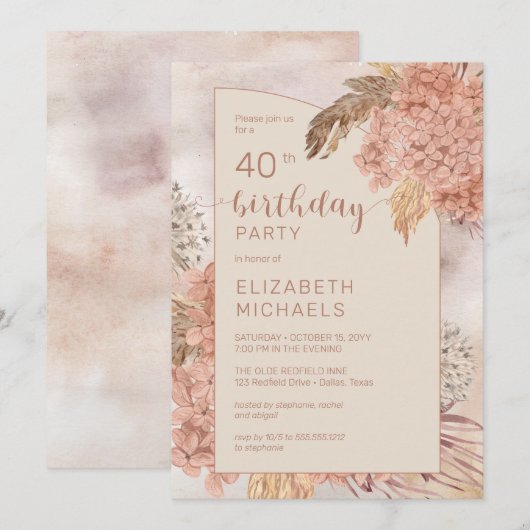 Pampas Grass Hydrangeas Blooms 40e verjaardag Kaart (Voorkant / Achterkant)