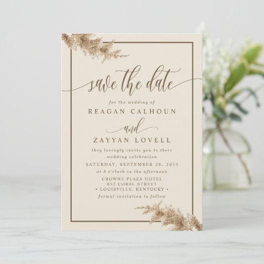 Pampas grass Moderne Calligrafie sparen de Datum Save The Date (Staand voorkant)