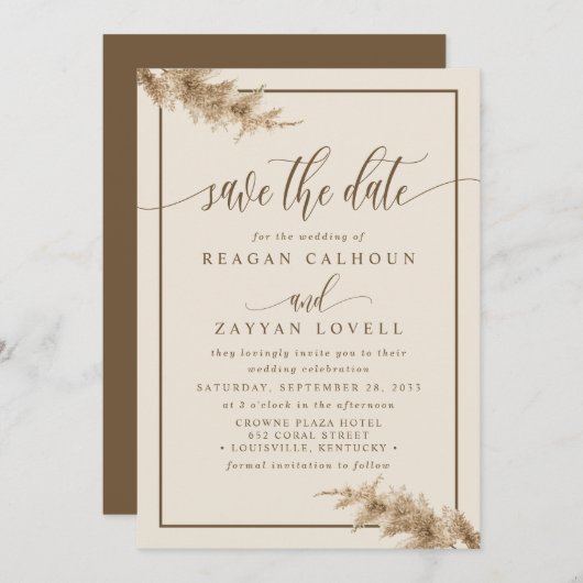 Pampas grass Moderne Calligrafie sparen de Datum Save The Date (Voorkant / Achterkant)