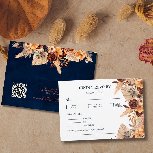 Pampas Grass Navy Blue Rust QR Code Behuizing Kaar Notitiekaartje