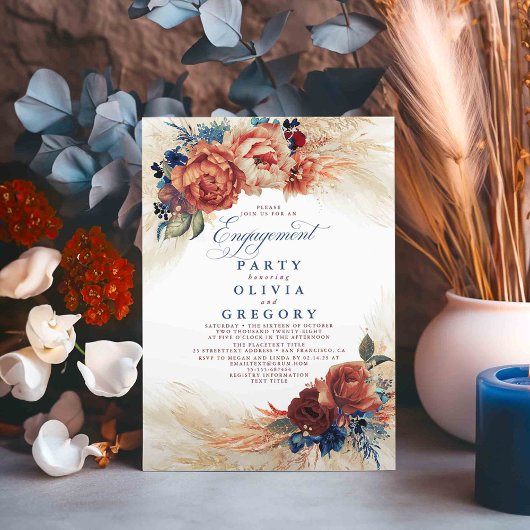 Pampas Grass Navy Blue Terracotta Engagement Party Kaart