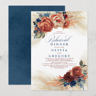 Pampas Grass Navy Blue Terracotta Rehearsal Dinner Kaart