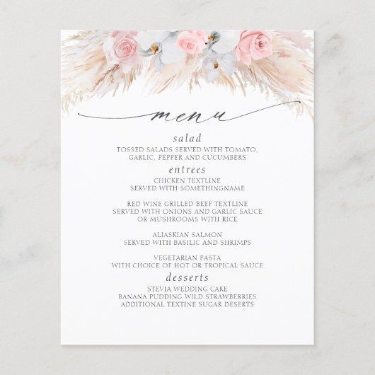 Pampas Grass Pink Florals Tropisch Menu (Voorkant)