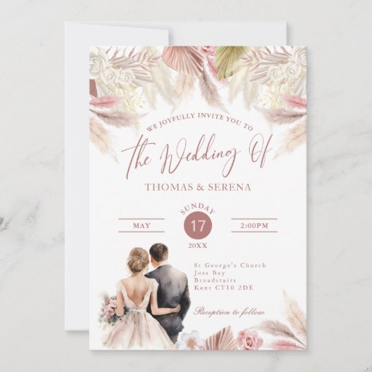 Pampas Grass QR Code RSVP Mariage Boho Invitation (Devant)