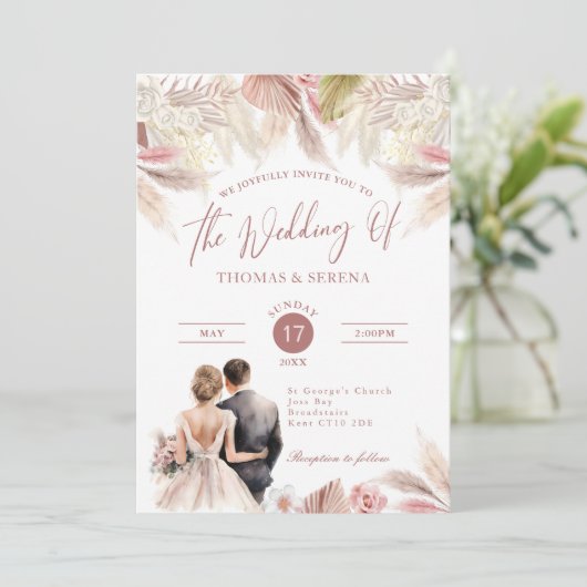 Pampas Grass QR Code RSVP Mariage Boho Invitation (Debout devant)