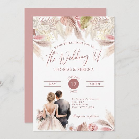 Pampas Grass QR Code RSVP Mariage Boho Invitation (Devant / Derrière)