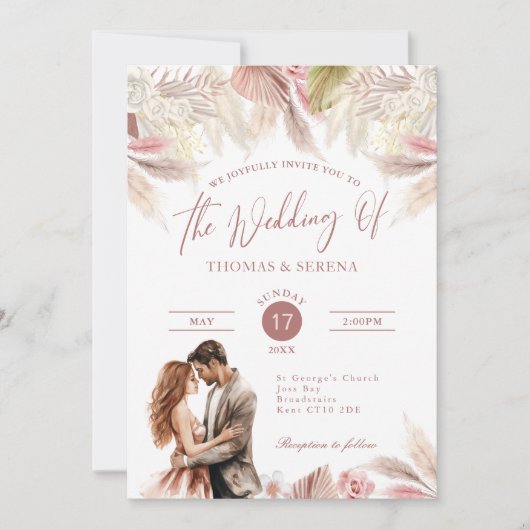 Pampas Grass QR Code RSVP Mariage Boho Invitation (Devant)