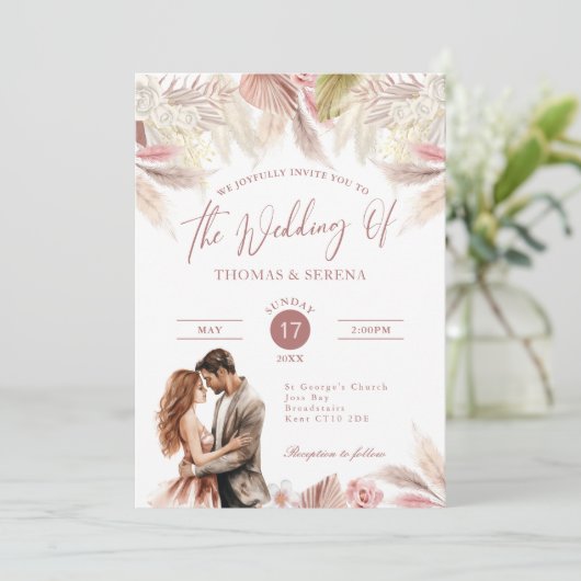 Pampas Grass QR Code RSVP Mariage Boho Invitation (Debout devant)