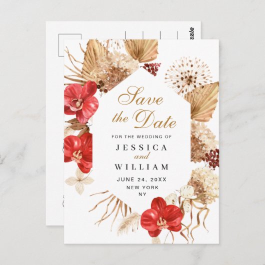 Pampas Grass Red Orchids Weddenschap Save the Date Briefkaart (Voorkant / Achterkant)