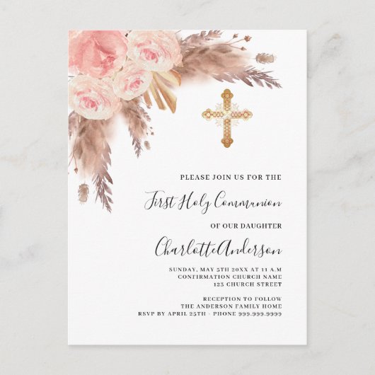 Pampas grass roos blush kruis eerste heilige commu uitnodiging briefkaart (Voorkant)