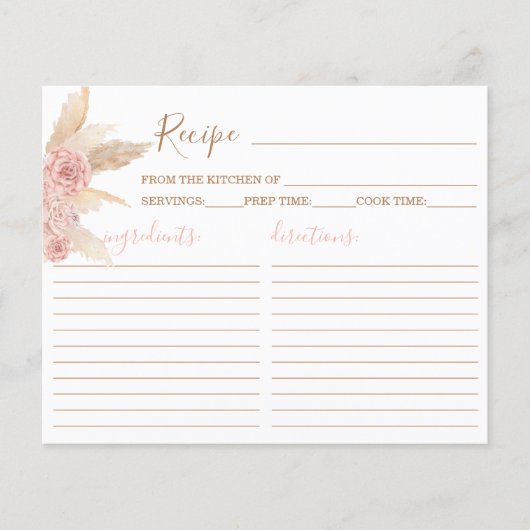 Pampas Grass rose Boho Chic Recette Carte (Devant)