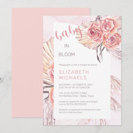 Pampas Grass |Roze Baby in Bloom Girl Shower Kaart (Voorkant / Achterkant)