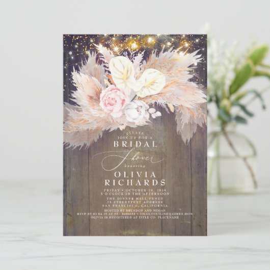 Pampas Grass Roze Bloemen Rustiek Vrijgezellenfees Kaart (Staand voorkant)