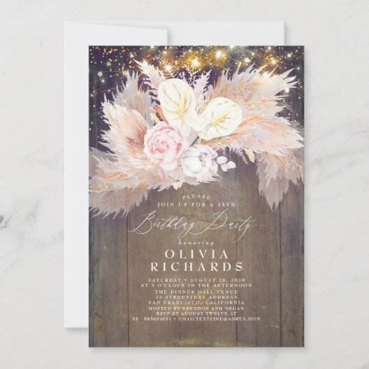 Pampas Grass Roze Bloemen Rustieke Verjaardag Kaart (Voorkant)