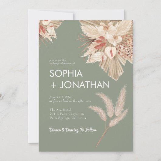Pampas Grass Sage Green Wedding Modern Chic Kaart (Voorkant)