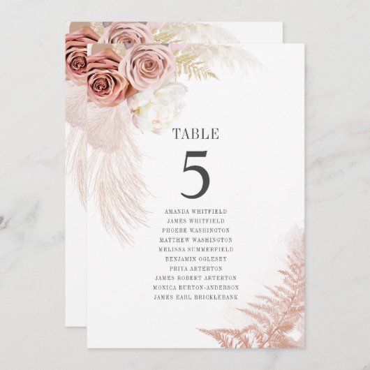Pampas Grass Table Number 5 Wedding Seating Kaart (Voorkant / Achterkant)