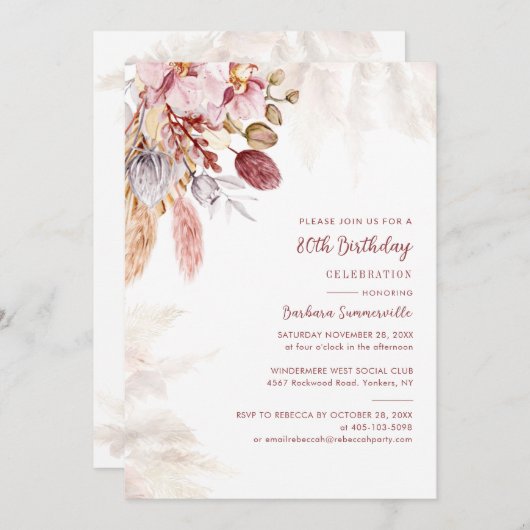Pampas Grass Terracotta 80th Birthday Party Kaart (Voorkant / Achterkant)