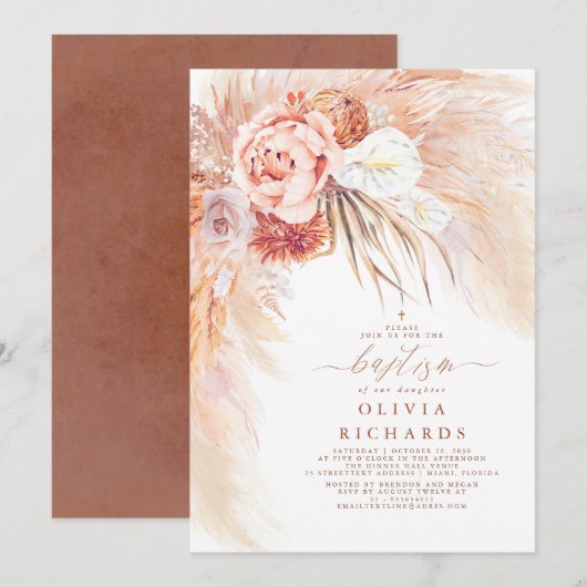 Pampas Grass Terracotta Baptism Invitation Kaart (Voorkant / Achterkant)