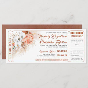 Pampas Grass Terracotta Floral Wedding Ticket Kaart
