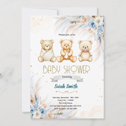 Pampas Grass Triplet bear invitation (Devant)