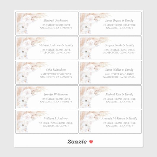 Pampas Grass White Gast Namen Adresetiketten Sticker (Vel)